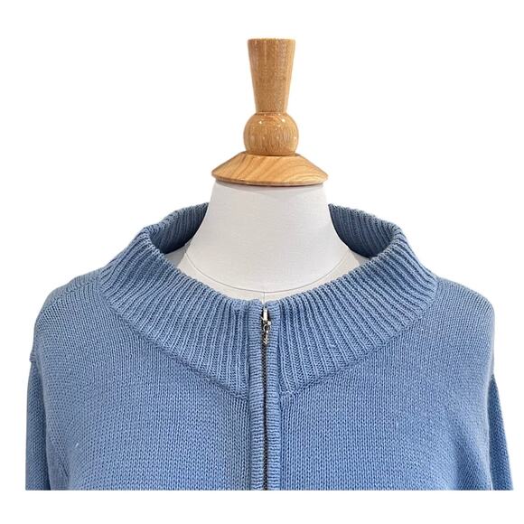 Light Blue Ramie Blend Zip Up Sweater Jacket White Embroidered Snowflakes, L - Picture 2 of 10